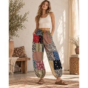 Womens Patchwork Harem Pants Boho Multi Pattern Elastic Waist Joggers